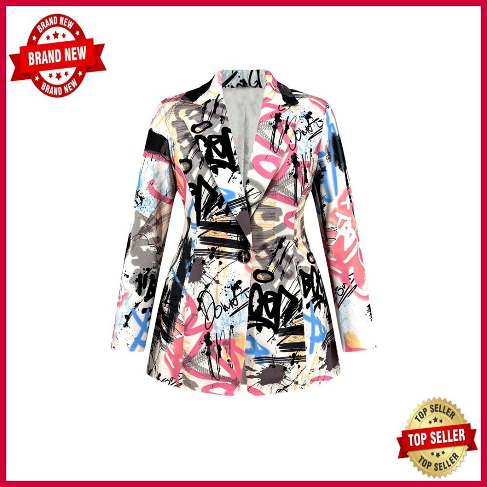 Plus Size Lapel Collar Open Front Graffiti Graphic Button Blazer Jacket